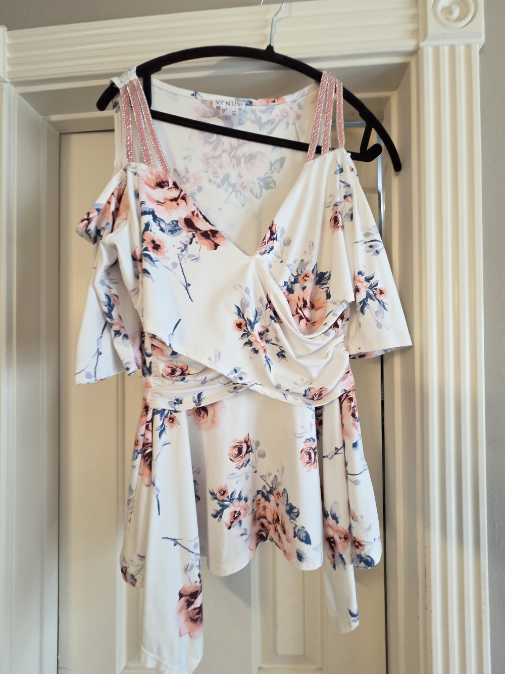 VENUS Cream Floral Cold-Shoulder Wrap Top with Pink & Blue Blooms